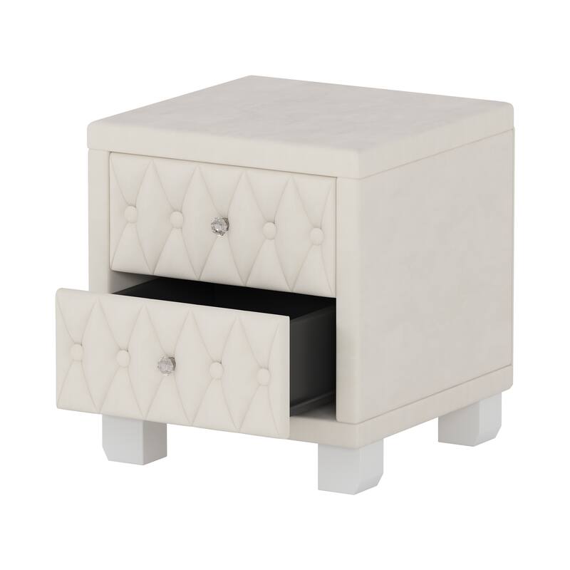 Elegant Velvet Nightstand Storage Cabinet with 2 Drawers, Coffee Table Bedside Table with Crystal Handle