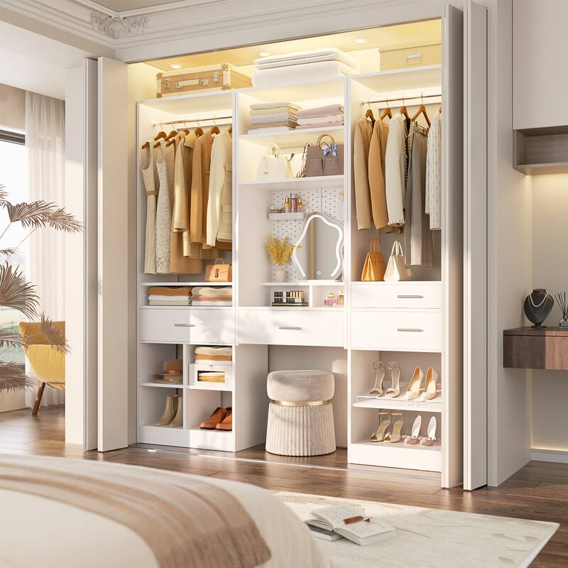 Set of 3 75'' Closet System with Metal Pegboard ＆ Shoe Rack ＆ Hanging Rods ＆ 4 Drawers, Space-saving Walk-in Closet Organizer - White
