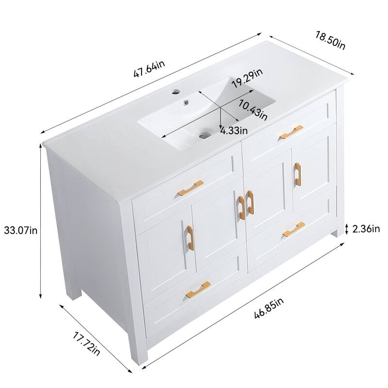 48 Inch Bathroom Vanity with Ceramic Sink Combo, MDF Freestanding Vanity Cabinet with 4 Soft Close Doors and 4 Drawers