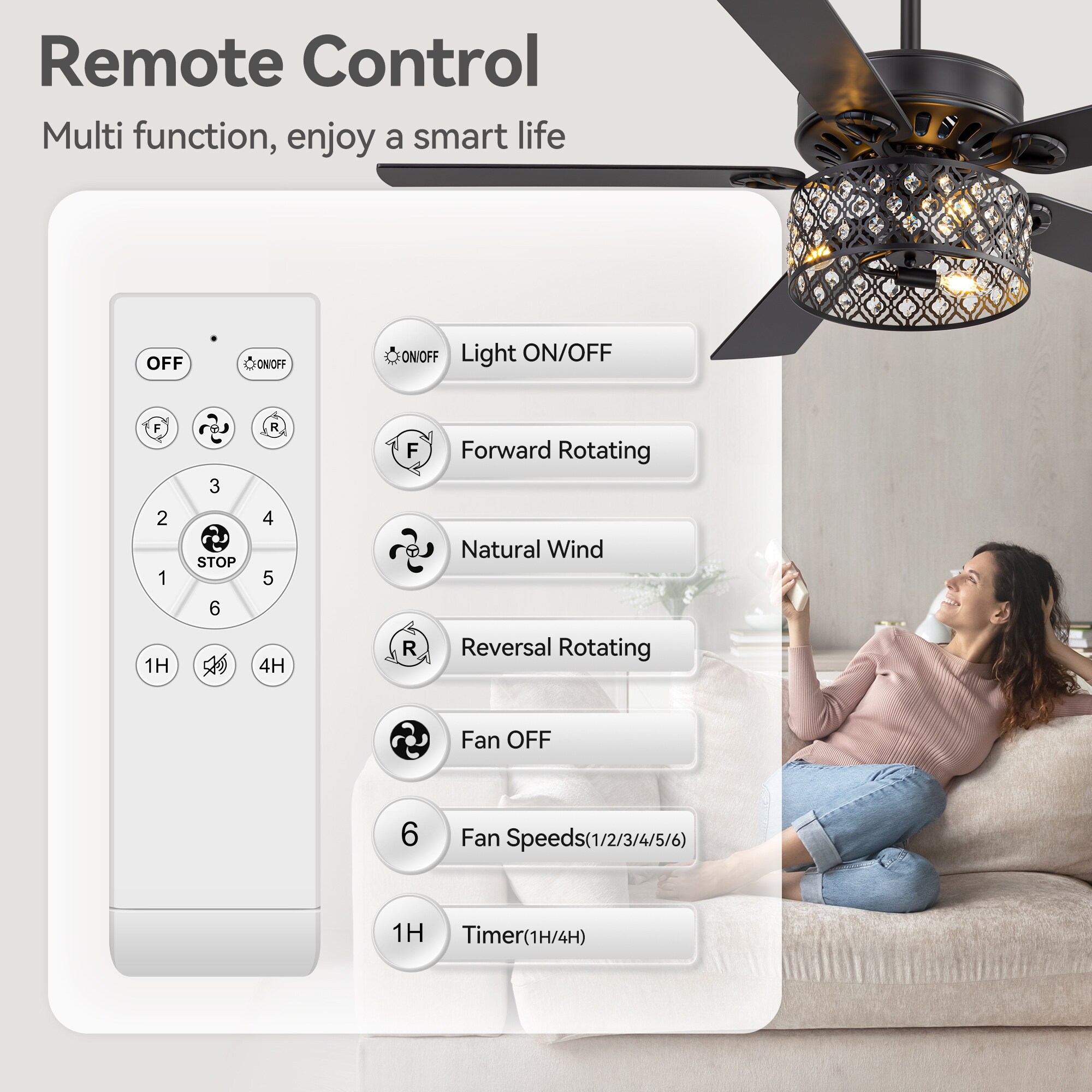 52-inch Reversible 5-Blade Crystal Ceiling Fan with Light and 
