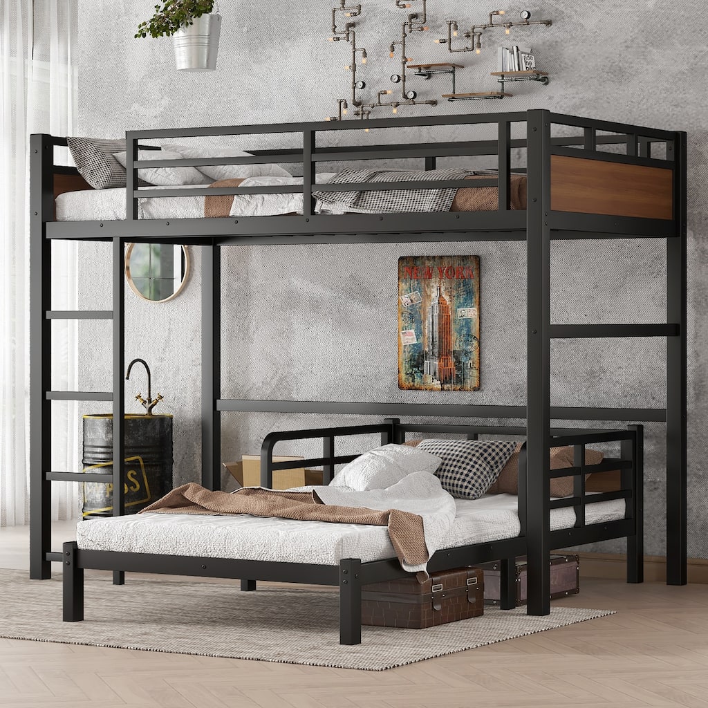 Twin XL Metal Bunk Bed with Security Fence, Convertible and Space-Saving Design, Walnut Finish