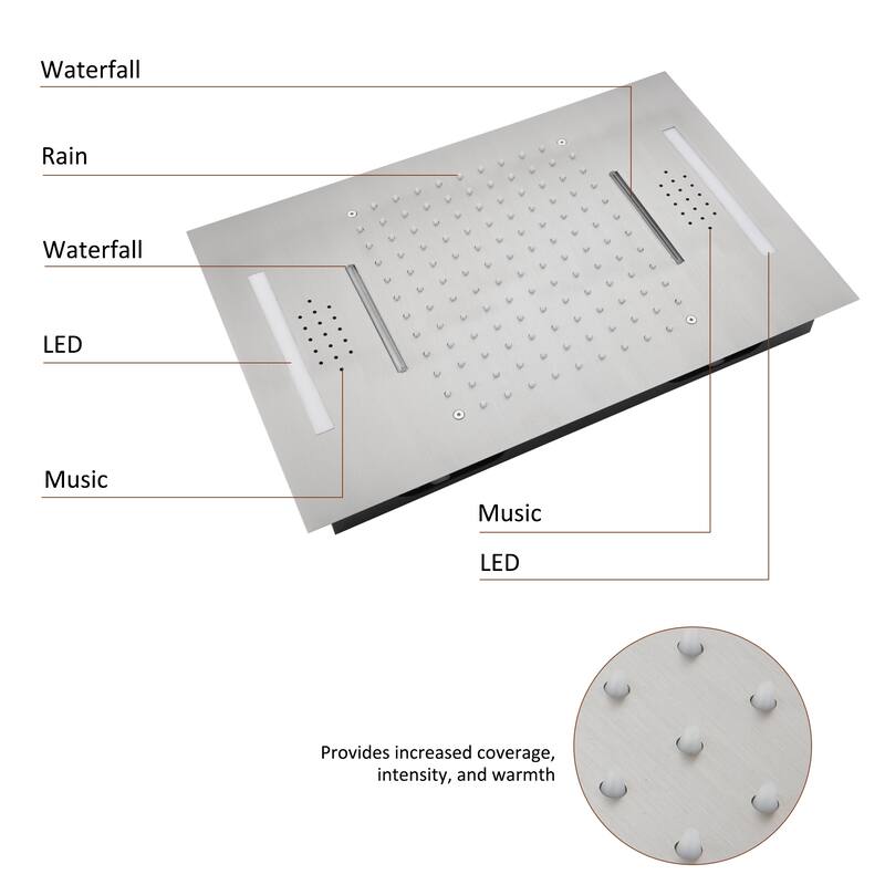 Luxury 4-Spray Patterns 23 in. Ceiling Mount Shower System with Handheld Shower Head, 6 Body Jets, LED, and Music - 15" x 23"