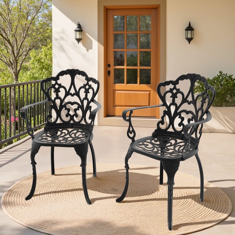 Black Cast Aluminum Patio Outdoor Dining Chairs with Off-White Seat Cushions (Set of 2)