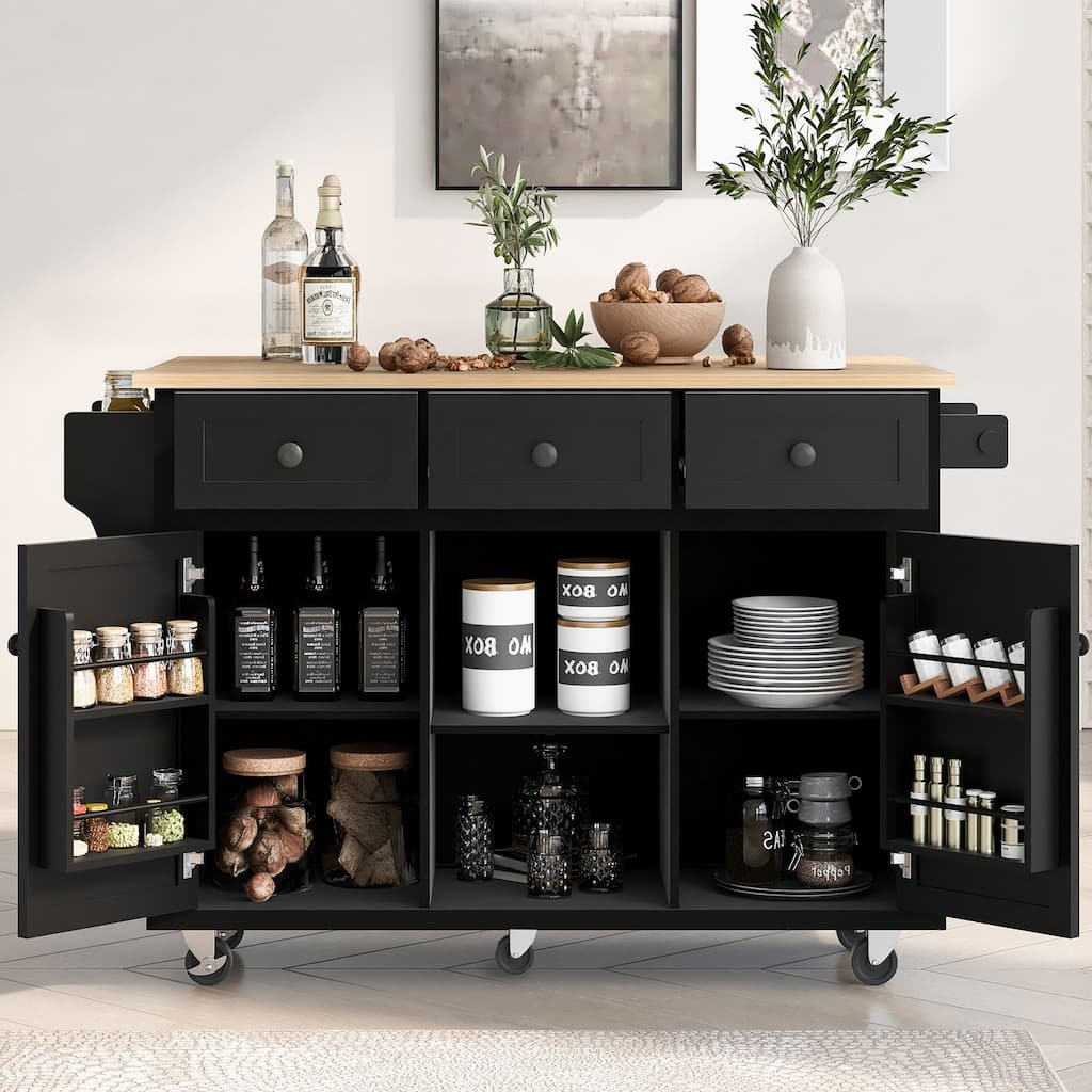 Rolling Kitchen Island with Drop-Leaf, Adjustable Storage, 5 Wheels, and 3 Drawers