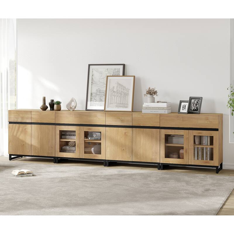 4 in 1 Modern Dresser with Glass Doors & 2 Drawers, featuring an adjustable shelf and metal base for organized storage - Oak - 2-drawer