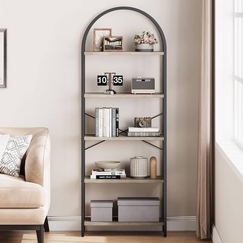 5-Tier Arched Bookshelf, Tall Wood Bookcase with Metal Frame, Modern Storage Rack for Living Room, Bedroom, or Home Office