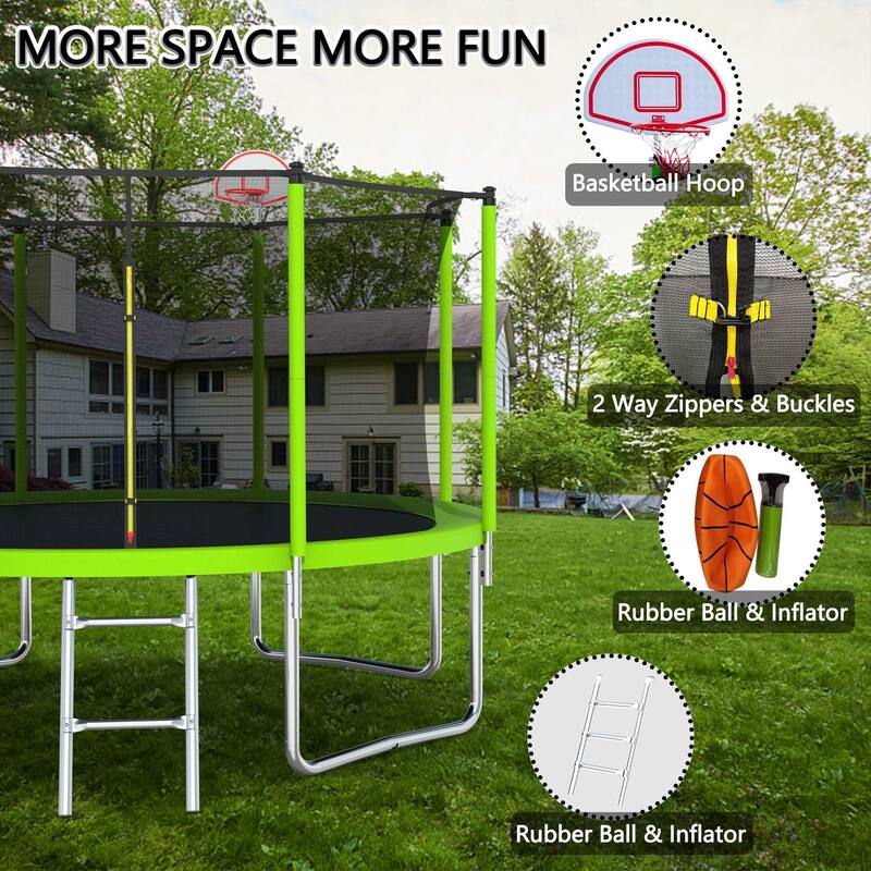 Outdoor Kids Trampoline with Basketball Hoop and Ladder, with Safety Enclosure for Backyard Fun