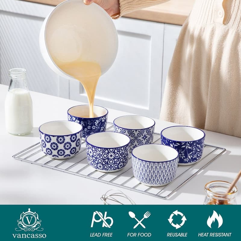 vancasso SELENE 6-Piece Blue White Floral Porcelain Ramekins Set