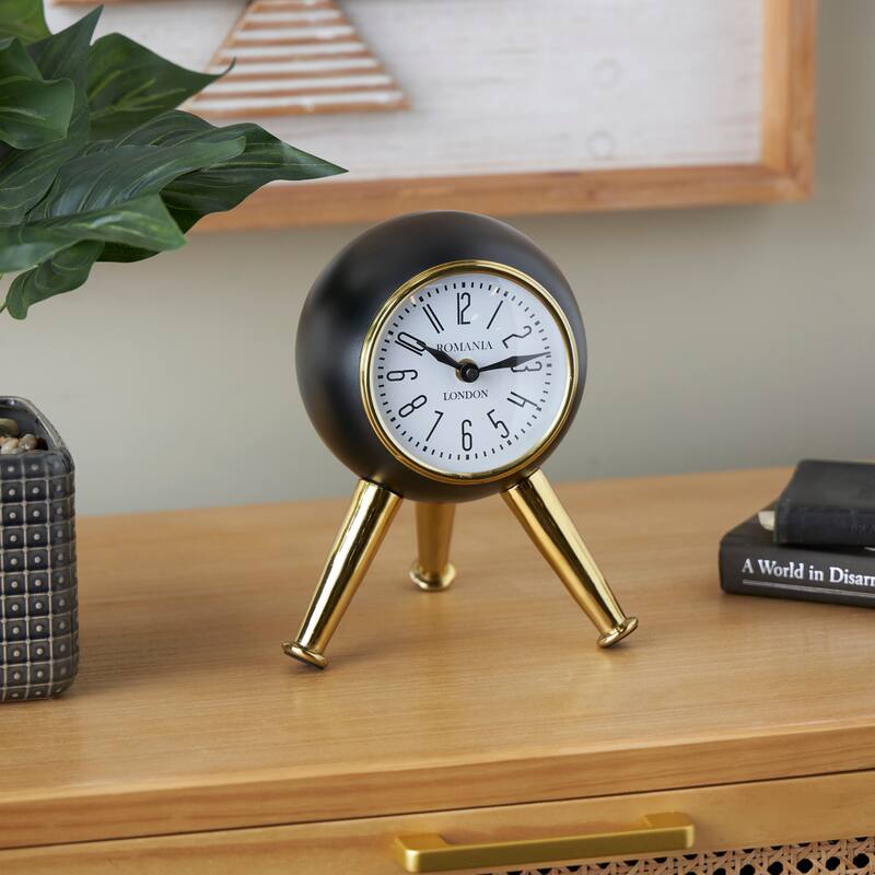 Black or Silver Metal Orb Tabletop Clock with White Clockface and Gold Tripod Legs - Black