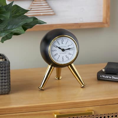 Black or Silver Metal Orb Tabletop Clock with White Clockface and Gold Tripod Legs