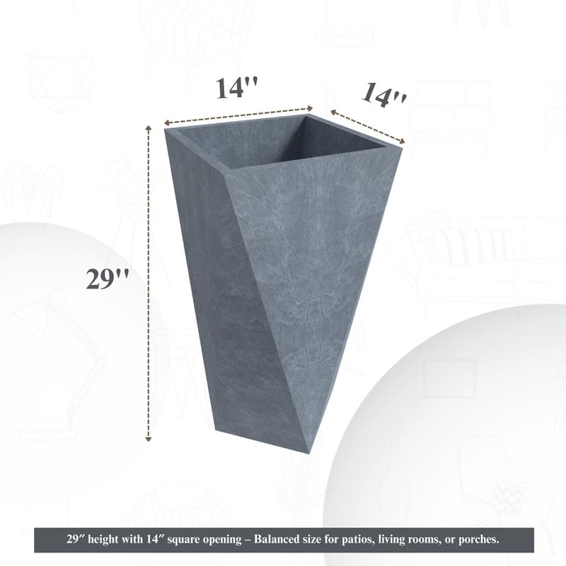 Aloe Fiberstone & MGO Clay Tapered Square Tall Planter Plant Pot, Indoor/Outdoor with Drainage Holes for Yard Porch Decor