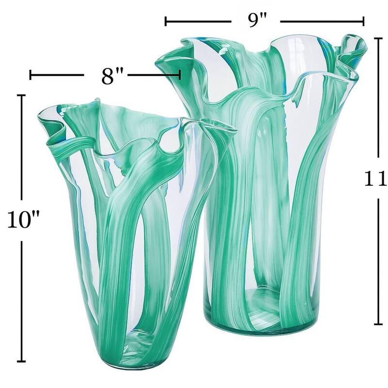 Green Set of 2 Striped Handblown Glass Vases with Broad Rim and Ruffle