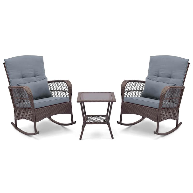 3 PCS Patio Rocker Set Wicker Chairs w/ Double-Layer Coffee Table - Navy