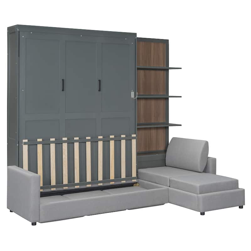 Convertible Queen Murphy Wall Bed with Sectional Sofa & 4-Tier Bookcase by Harper&Bright Designs