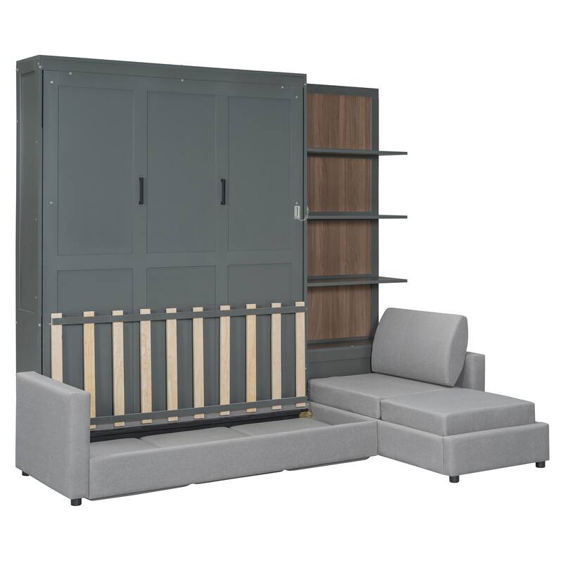 Queen Murphy Bed with Built-in Sofa, Shelves & Space-Saving Design