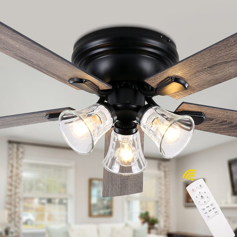 Bella Depot 52" 3-Light Brown Flush Mount Ceiling Fan with Light and Remote Control 6-speed Reversible Timer DC Motor