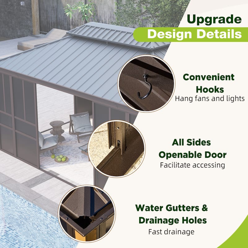 Outdoor Solarium Sunroom,Patio Hardtop Gazebo,All-Season Aluminum Patio Gazebo with with Sliding Doors and Screens