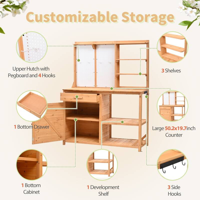 Fir Wood Potting Bench with Hutch, Garden Workstation for Planting, 4 Shelves & Adjustable Storage, Pegboard with Hooks