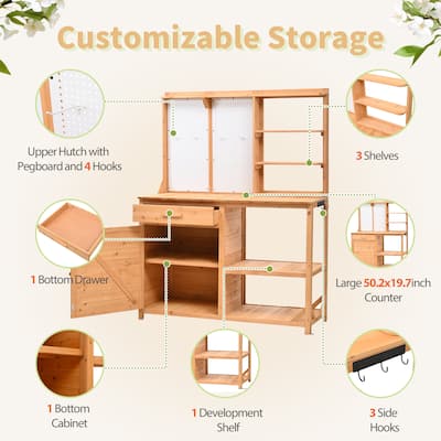 Outdoor Wood Potting Bench with Pegboard, Cabinet & Shelves, Garden Work Table with Hooks and Drawer