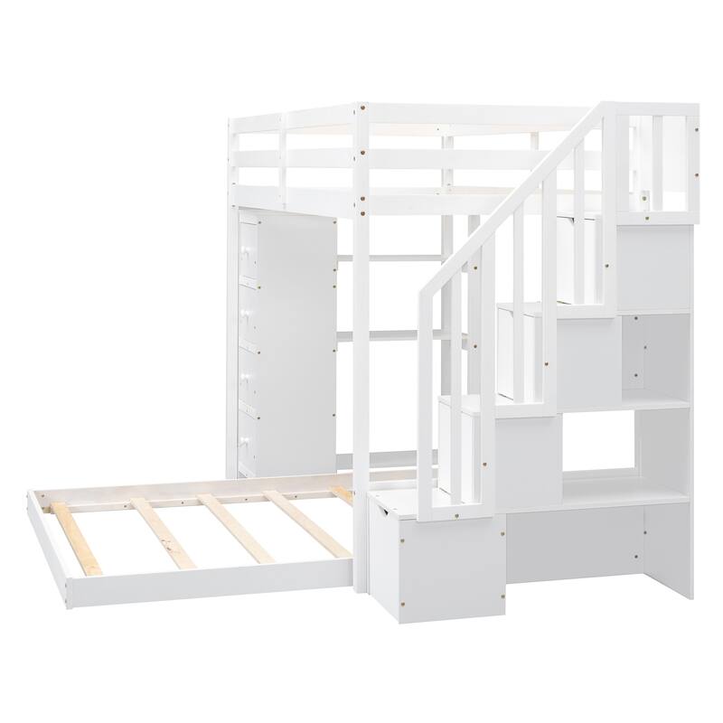 Space-Saving Twin Over Full Bunk Bed with Shelves, Drawers, and Storage Stairs in White