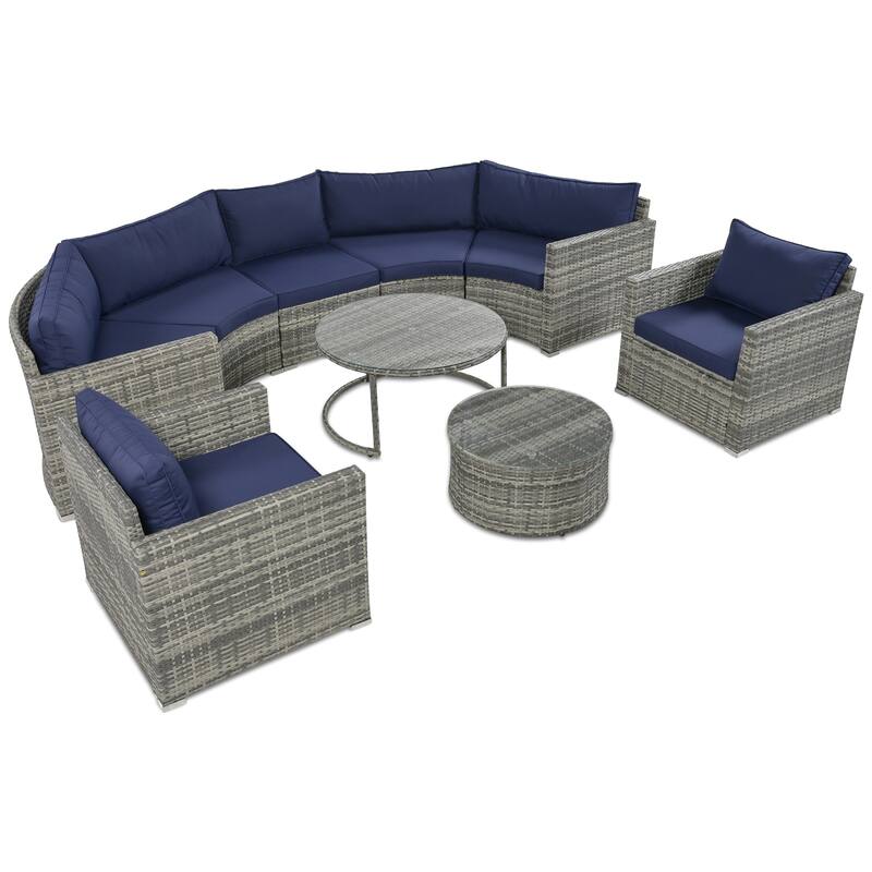 9 Piece Half-Moon Outdoor Sofa Set, All-Weather Rattan Conversation Furniture Set, Round Sofa Set with Coffee Table
