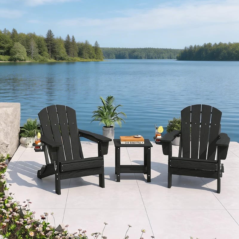 Folding Adirondack Chair Set of 2, with Side Table and Cup Holder - Black