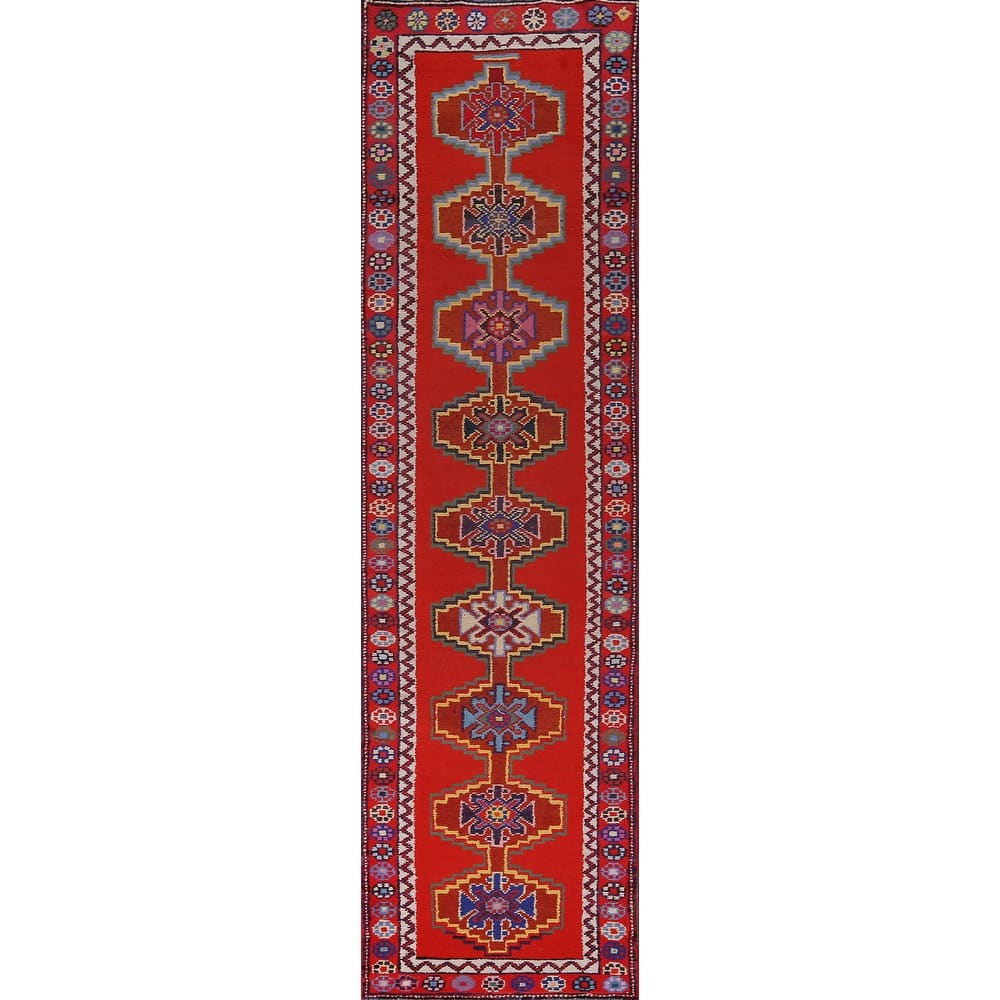 Red Geometric Anatolian Turkish Runner Rug Handmade Silk Carpet - 2'9"x 12'11"