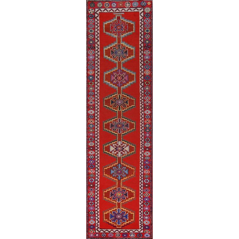 Red Geometric Anatolian Turkish Runner Rug Handmade Silk Carpet - 2'9"x 12'11"