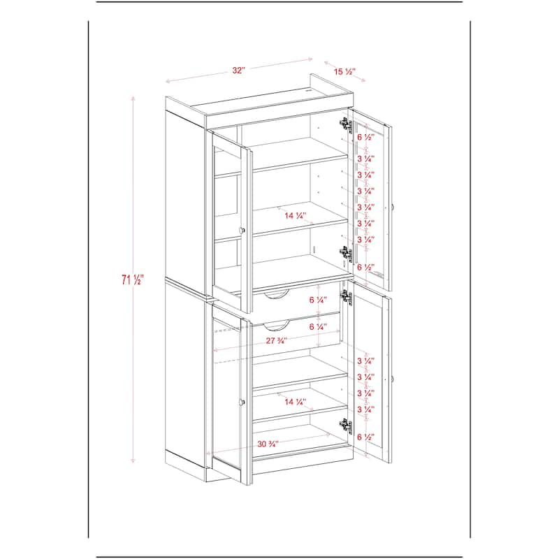 Palace Imports 100% Solid Wood Pantry Cabinet with Frosted, Clear Glass or Solid Doors, 2-Drawers and Adjustable Shelves
