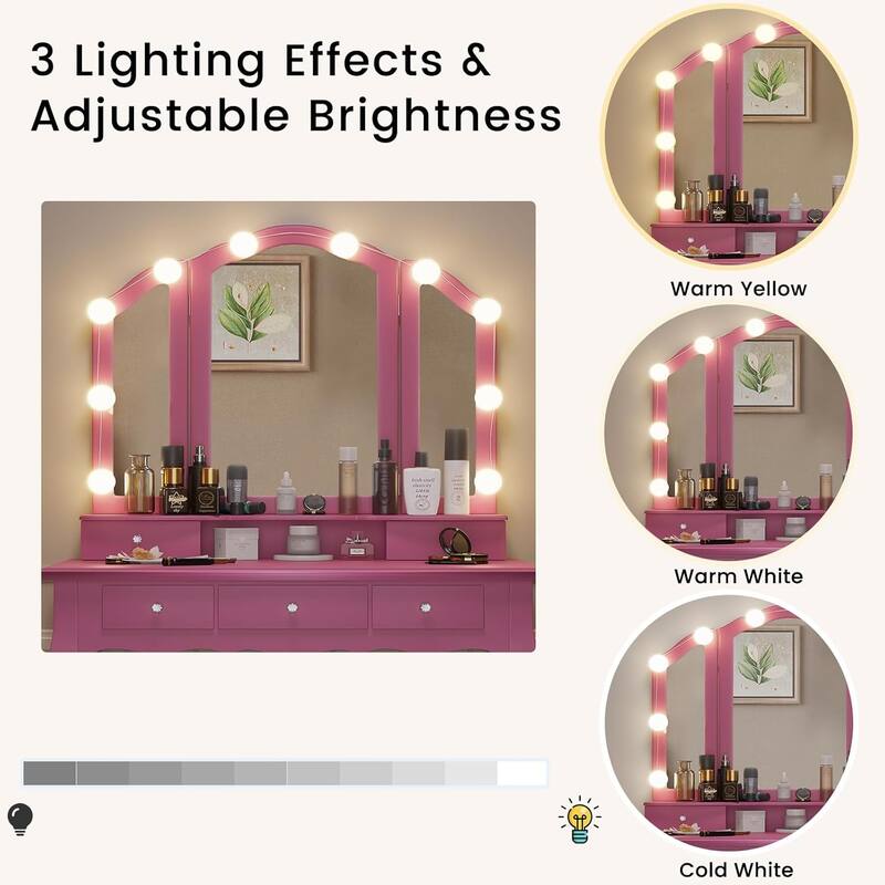 Vanity Desk Set Makeup Vanity Lighted Tri-fold Mirror and Stool