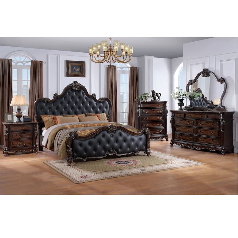 Furniture of America Eugene Traditional 5-Piece Solid Wood Panel Bedroom Set - Dark Cherry - Queen