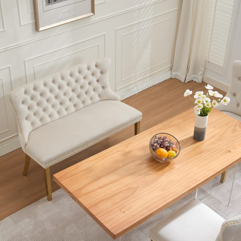 Velvet Double Dining Loveseat Bench, 2-Seat Tufted Bench w/Handmade Buttons, Wing Back, Gold-Plated Steel Legs, Single Pack