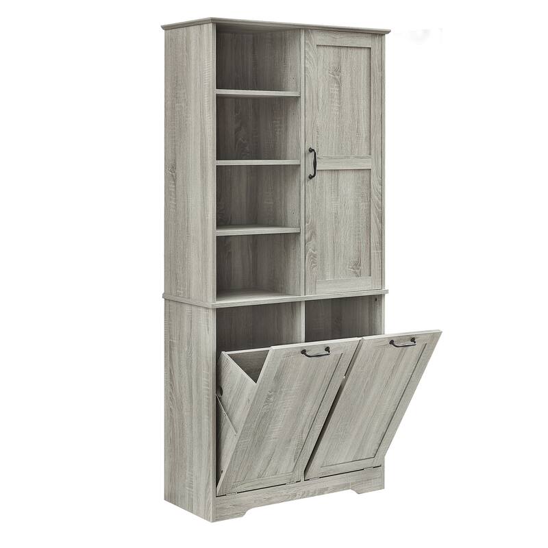 Bathroom Cabinet with Doors and Drawers,Tilt-Out Laundry Hamper,Multiple Space,Freestanding Style,Open Shelve, Adjustable Shelf