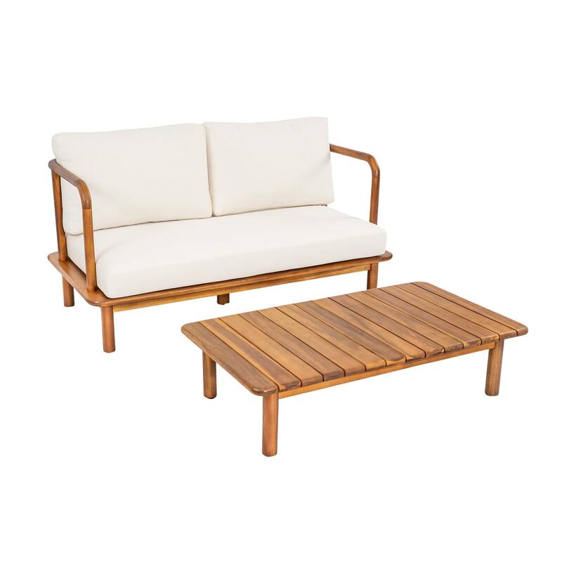 Christopher Knight Home - Canape Modern Outdoor Acacia Wood Loveseat with Coffee Table and Water-Resistant Cushions - Teak Finish+Cream Cushion