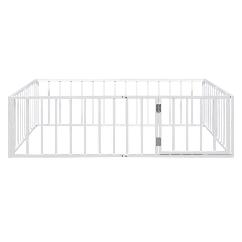 Metal Floor Bed Frame with Fence and Door for Kids' Bedroom