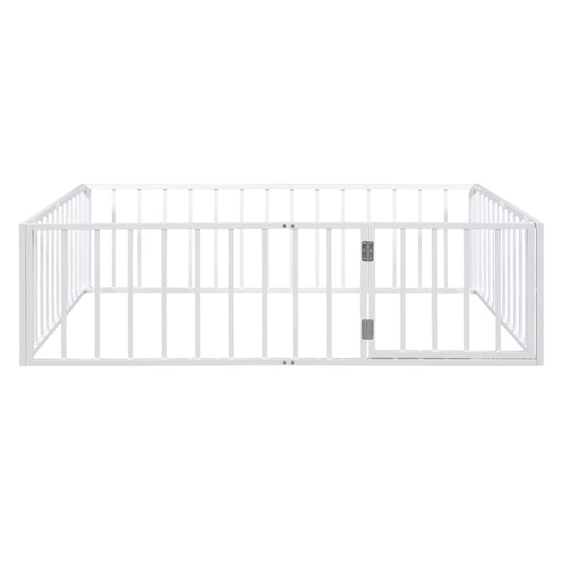 White Full Size Metal Floor Bed Frame with Fence and Door for Kids