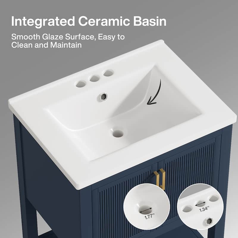 24" Single Bathroom Vanity with Ceramic Sink, Solid Rubberwood Frame & Open Storage Shelf