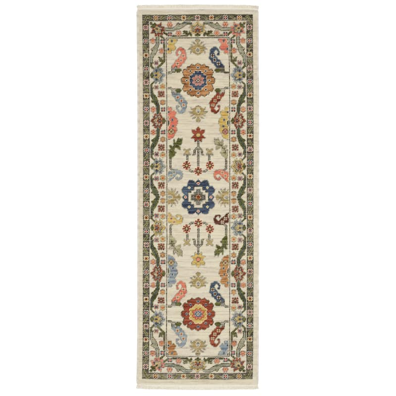 Style Haven Lawson Traditional Bordered Wool Fringe Edge Area Rug - 2' x 6' - Ivory/ Multi - Runner