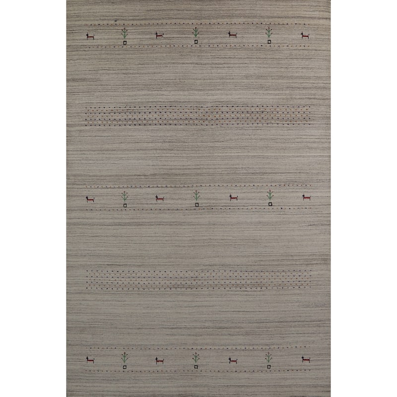 Hand Knotted Oriental 100% Wool Carpet Tribal Animal Pictorial Beige & Ivories Gabbeh Area Rug - 8' 10'' X 6' 1''