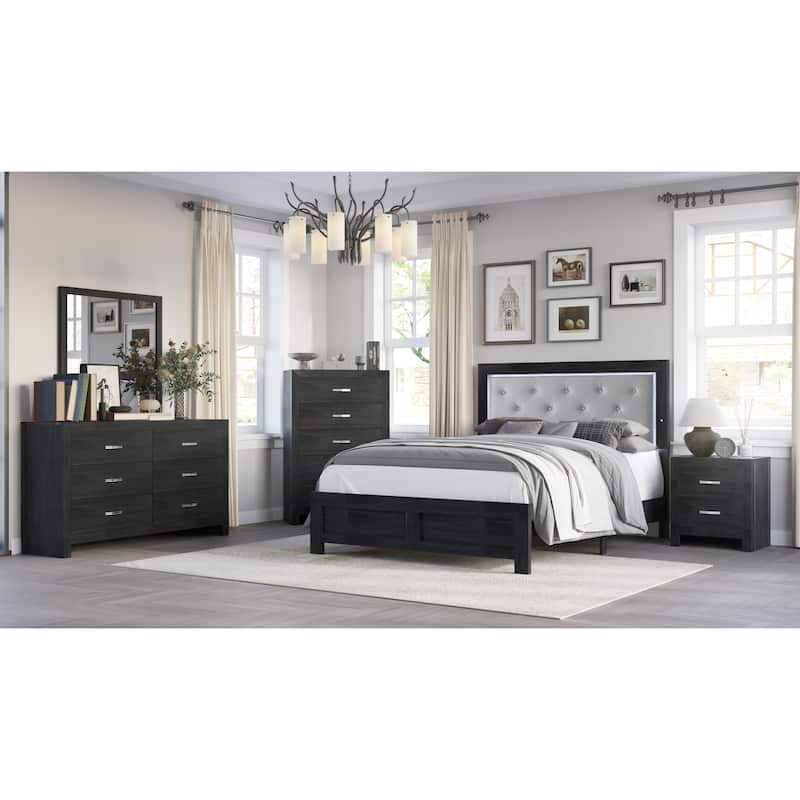 Bernard 3 Piece Black Faux Leather Upholstered Tufted LED Panel Bedroom Set - King