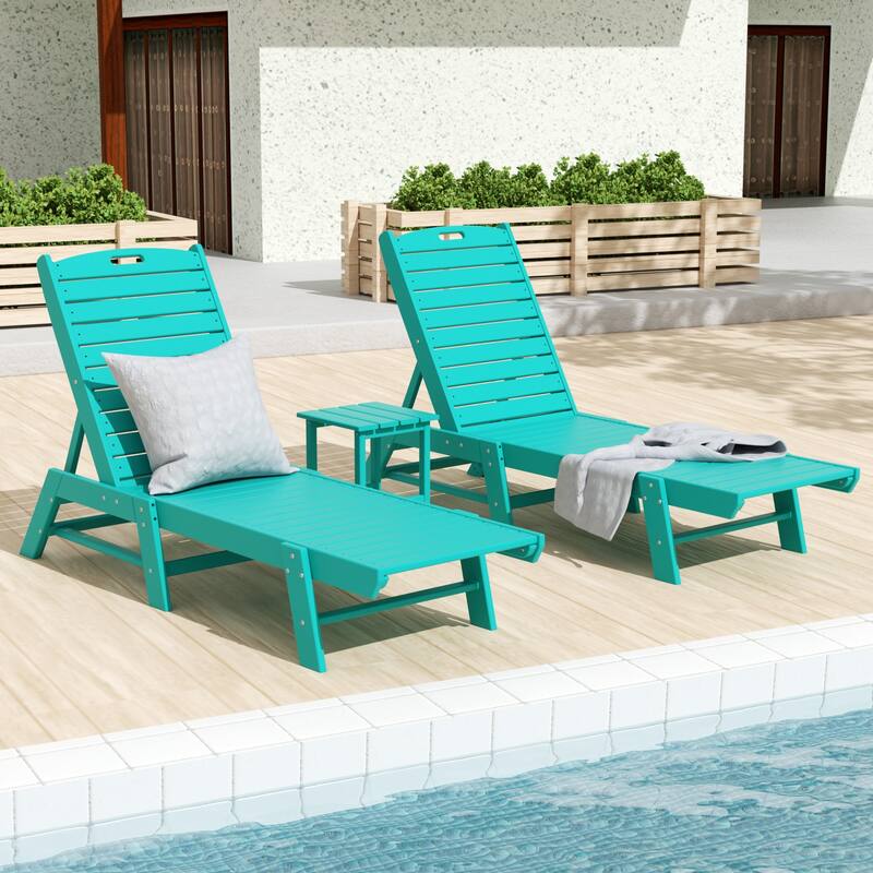 Laguna Hdpe All Weather Outdoor Patio Pool Reclining Armless Chaise Lounges With Square Side Table (3-Piece Set) - Turquoise