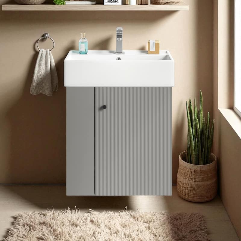21.6" Wall-Mounted Bathroom Vanity with Ceramic Sink, Left Side Shelf, Wave Door, Rose Gold Handle, Floating Design - Grey