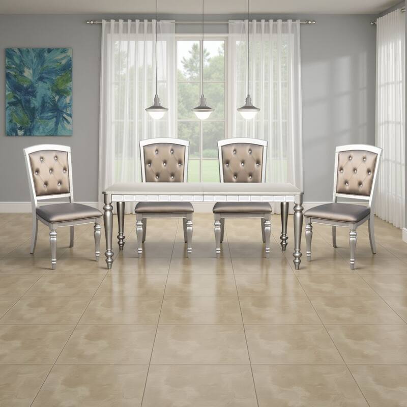 Dining Table with Extension Leaf 78-96 Inch, Silver Wood, Mirror Trim
