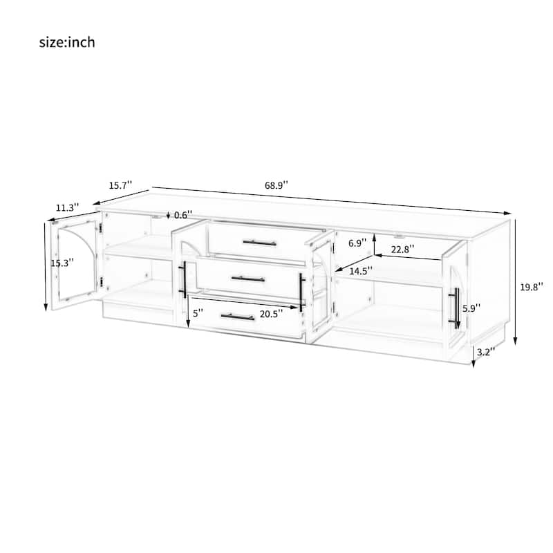 Modern TV Stand with 3 Drawers for TVs up to 75 Inches, Arched Glass Doors TV Cabinet Entertainment Center for Living Room