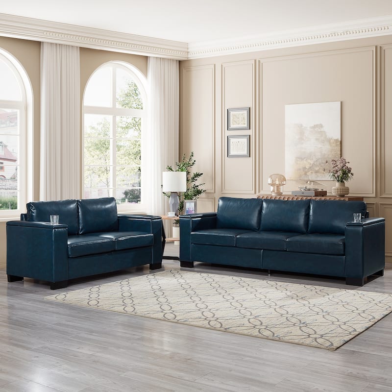 PU Leather Loveseat Sofa & 3 Seater Lounge Couch Set with Cup Holders, Storage Armrests and Seat for Living Room, Office