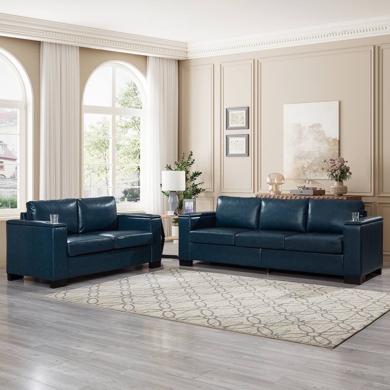 Roomfitters 2-Piece 2+3 Seater Sofa Set with Square Armrests, Faux Leather Couches with Cup Holder and Storage for Living Room