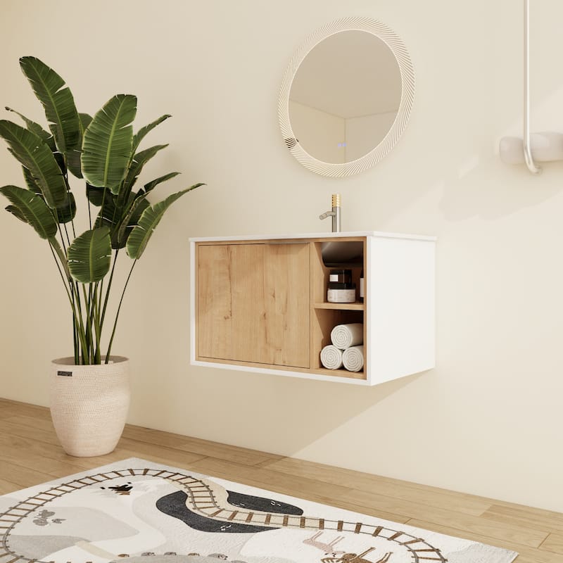 Malwee 24"/30" Floating Bathroom Vanity, Wall Mounted Bathroom Vanity with Ceramic Sink,Soft Close Door and Shelf