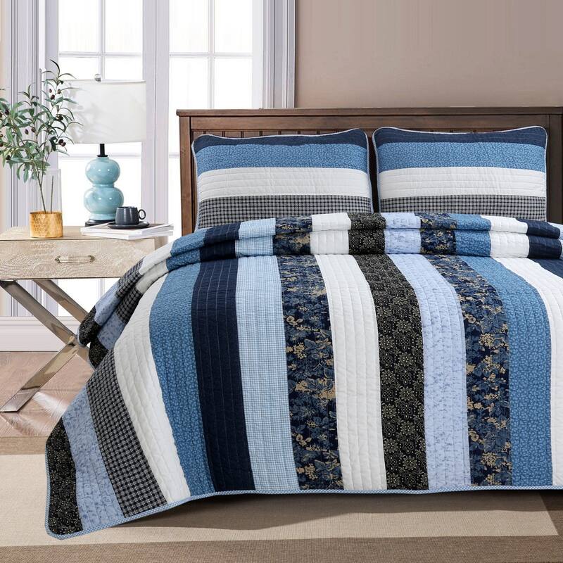 Cozy Line Carlos Stripe Reversible Cotton Quilt Bedding Set - Blue/Navy/White