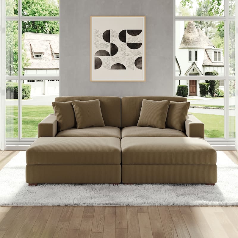 Modular Corduroy Sectional Sofa Set Chaise Couch with Ottoman