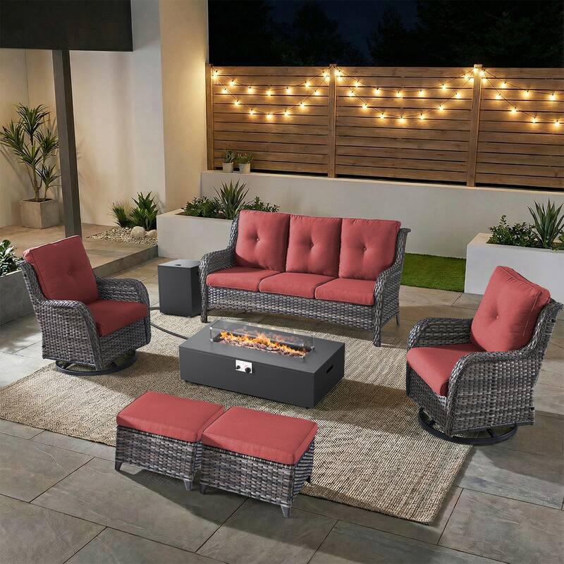 Pocassy Patio 5/7 Piece Sofa Swivel Chair Ottoman with Fire Pit Table - Gray Wicker Red Cushion - 7-Piece Sofa Swivel Chair Ottoman with Fire Table